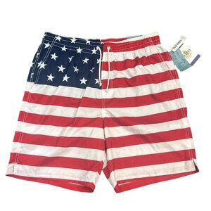 NWT Old Navy Mens L American Flag Swim Trunks UPF 50 Stars Stripes Drawstring